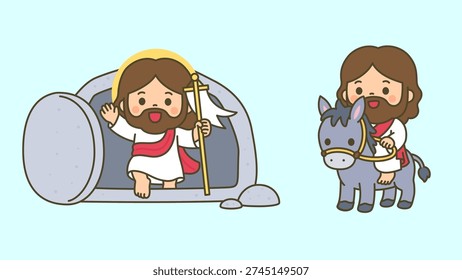 Cute Kawaii Jesus Resurrection with Empty Tomb and Donkey Flat Christian Vector Illustration Set for easter