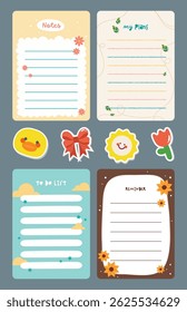 Cute kawaii journaling set with pastel notes stickers and labels designed in soft colors ideal for planners scrapbooks school projects and creative decorations