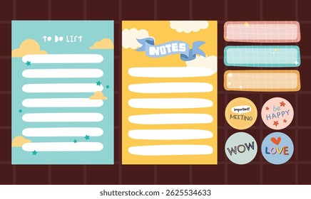 Cute kawaii journaling set with pastel notes stickers and labels designed in soft colors ideal for planners scrapbooks school projects and creative decorations