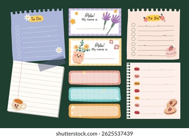 Cute kawaii journaling set with pastel notes stickers and labels designed in soft colors ideal for planners scrapbooks school projects and creative decorations