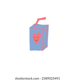 Cute kawaii juice box with a straw and a small heart on the side. Flat vector sticker in Y2K aesthetic, isolated on a white background. Perfect for stickers, digital art, and trendy designs.