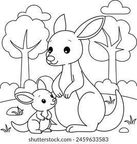 Cute kawaii kangaroo and baby cartoon character coloring page vector illustration. Wild animal, mothers day colouring page for kids