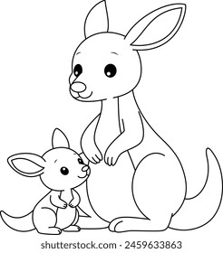 Cute kawaii kangaroo and baby cartoon character coloring page vector illustration. Wild animal, mothers day colouring page for kids