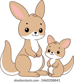 Cute kawaii kangaroo and baby cartoon character vector illustration. Wild animal, mothers day clip art