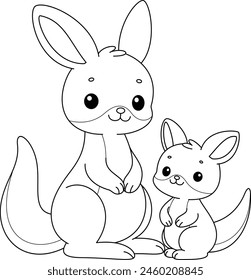 Cute kawaii kangaroo and baby cartoon character coloring page vector illustration. Wild animal, mothers day colouring page for kids