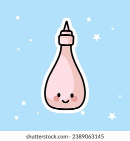 The cute Kawaii Ketchup Bottle is isolated on a blue background. Vector - Illustration.