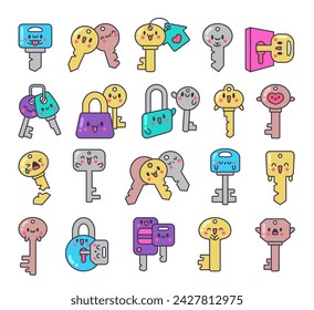 Cute kawaii key. Funny cartoon character. Hand drawn style. Vector drawing. Collection of design elements.