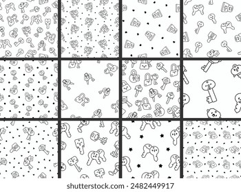 Cute kawaii key. Seamless pattern. Coloring Page. Funny cartoon character. Hand drawn style. Vector drawing. Collection of design ornaments.