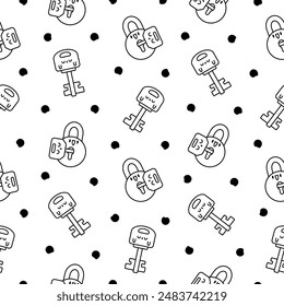 Cute kawaii key. Seamless pattern. Coloring Page. Funny cartoon character. Hand drawn style. Vector drawing. Design ornaments.