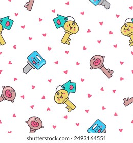 Cute kawaii key. Seamless pattern. Funny cartoon character. Hand drawn style. Vector drawing. Design ornaments.