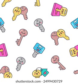 Cute kawaii key. Seamless pattern. Funny cartoon character. Hand drawn style. Vector drawing. Design ornaments.