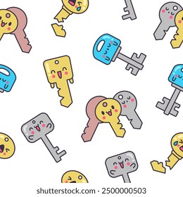 Cute kawaii key. Seamless pattern. Funny cartoon character. Hand drawn style. Vector drawing. Design ornaments.