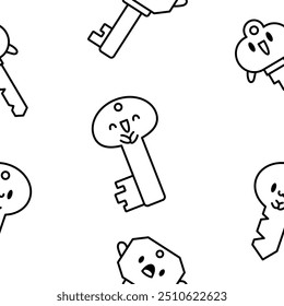 Cute kawaii key. Seamless pattern. Coloring Page. Funny cartoon character. Hand drawn style. Vector drawing. Design ornaments.