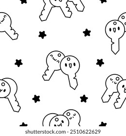 Leuke kawaii sleutel. Naadloos patroon. Kleurplaat. Grappig stripfiguur. Handgetekende stijl. Vectortekening. Ontwerp ornamenten.