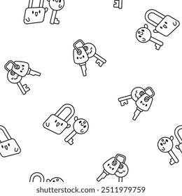 Leuke kawaii sleutel. Naadloos patroon. Kleurplaat. Grappig stripfiguur. Handgetekende stijl. Vectortekening. Ontwerp ornamenten.