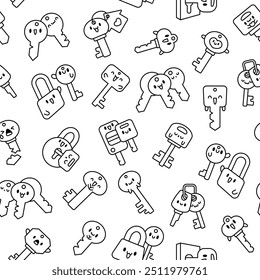 Leuke kawaii sleutel. Naadloos patroon. Kleurplaat. Grappig stripfiguur. Handgetekende stijl. Vectortekening. Ontwerp ornamenten.