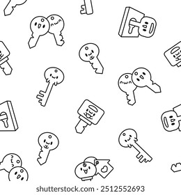 Leuke kawaii sleutel. Naadloos patroon. Kleurplaat. Grappig stripfiguur. Handgetekende stijl. Vectortekening. Ontwerp ornamenten.