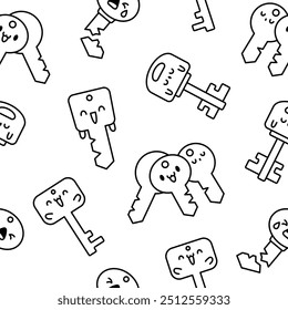 Cute kawaii key. Seamless pattern. Coloring Page. Funny cartoon character. Hand drawn style. Vector drawing. Design ornaments.