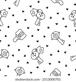 Leuke kawaii sleutel. Naadloos patroon. Kleurplaat. Grappig stripfiguur. Handgetekende stijl. Vectortekening. Ontwerp ornamenten.