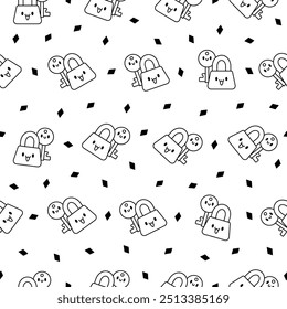 Cute kawaii key. Seamless pattern. Coloring Page. Funny cartoon character. Hand drawn style. Vector drawing. Design ornaments.