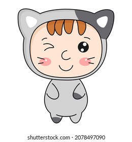Cute kawaii kid in cat costume. Vector illustration.
