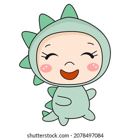 Cute kawaii kid in dino costume. Vector illustration.