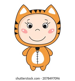 Cute kawaii kid in tiger costume. Vector illustration.
