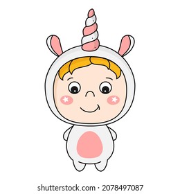 Cute kawaii kid in unicorn costume. Vector illustration.