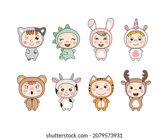 Cute kawaii kids in animal costumes. 