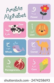 cute kawaii kids learn Arabic alphabet flashcard printable for education fun learning