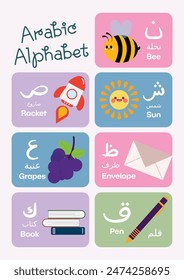 cute kawaii kids learn Arabic alphabet flashcard printable for education fun learning