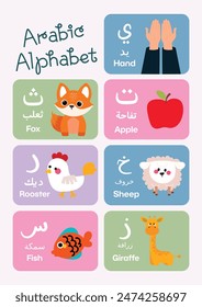 cute kawaii kids learn Arabic alphabet flashcard printable for education fun learning