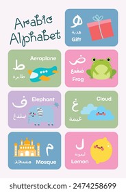 cute kawaii kids learn Arabic alphabet flashcard printable for education fun learning