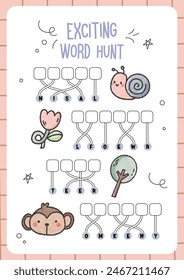 cute kawaii kids words hunt learning worksheet printable for kids fun education activity