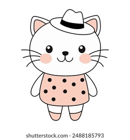 Cute kawaii kitten in clothes on a white background.