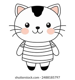 Cute kawaii kitten in clothes on a white background.