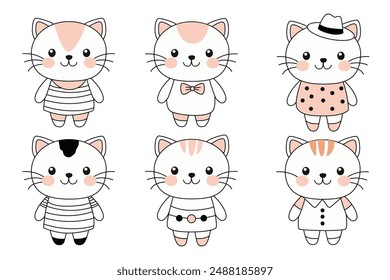 Cute kawaii kitten in clothes on a white background.