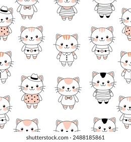 Lindo gatito kawaii en patrón de ropa sobre un fondo blanco.