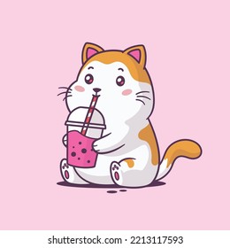 Cute kawaii kitten drinking boba bubble tea vector cartoon illustration