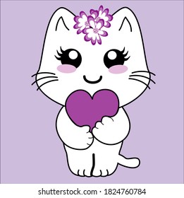 cute kawaii kitten holding a heart. Vector file