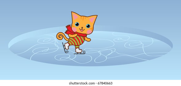 Cute kawaii kitten on ice-skating rink.