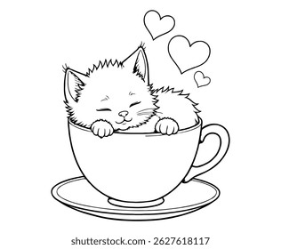 cute kawaii Kitten Sleeping in a Teacup with Heart-coloring page