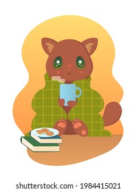 A cute kawaii kitten wrapped in a plaid blanket and holding a cup of hot drink in its paws. Vector autumn illustration. The concept of coziness and warmth in the cold season