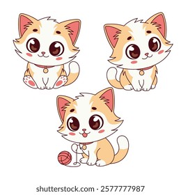 Cute kawaii kittens, little cats characters, set of cartoon style kids vector illustrations