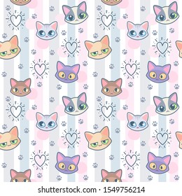 Cute Kawaii Kittens Vector Seamless Pattern