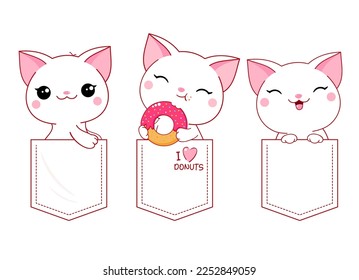 Cute kawaii kitty in pocket. Baby collection of pets in pockets. Childish print with funny cats for t-shirt design. Vector illustration EPS8