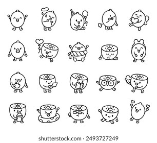 Cute kawaii kiwi character. Coloring Page. Funny cartoon food. Hand drawn style. Vector drawing. Collection of design elements.