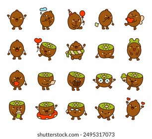 Cute kawaii kiwi character. Funny cartoon food. Hand drawn style. Vector drawing. Collection of design elements.