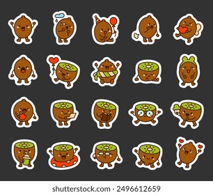 Cute kawaii kiwi character. Sticker Bookmark. Funny cartoon food. Hand drawn style. Vector drawing. Collection of design elements.