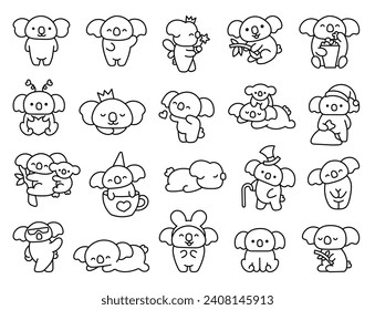 Cute kawaii koala bear. Coloring Page. Australian animals cartoon character. Hand drawn style. Vector drawing. Collection of design elements.